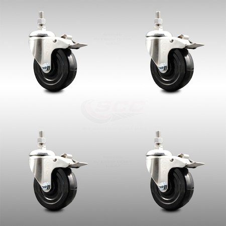 Service Caster 4 Inch 316SS Hard Rubber Swivel 10mm Threaded Stem Caster Set Lock Brake SCC SCC-SS316TSTTL20S414-HRS-M1015-4